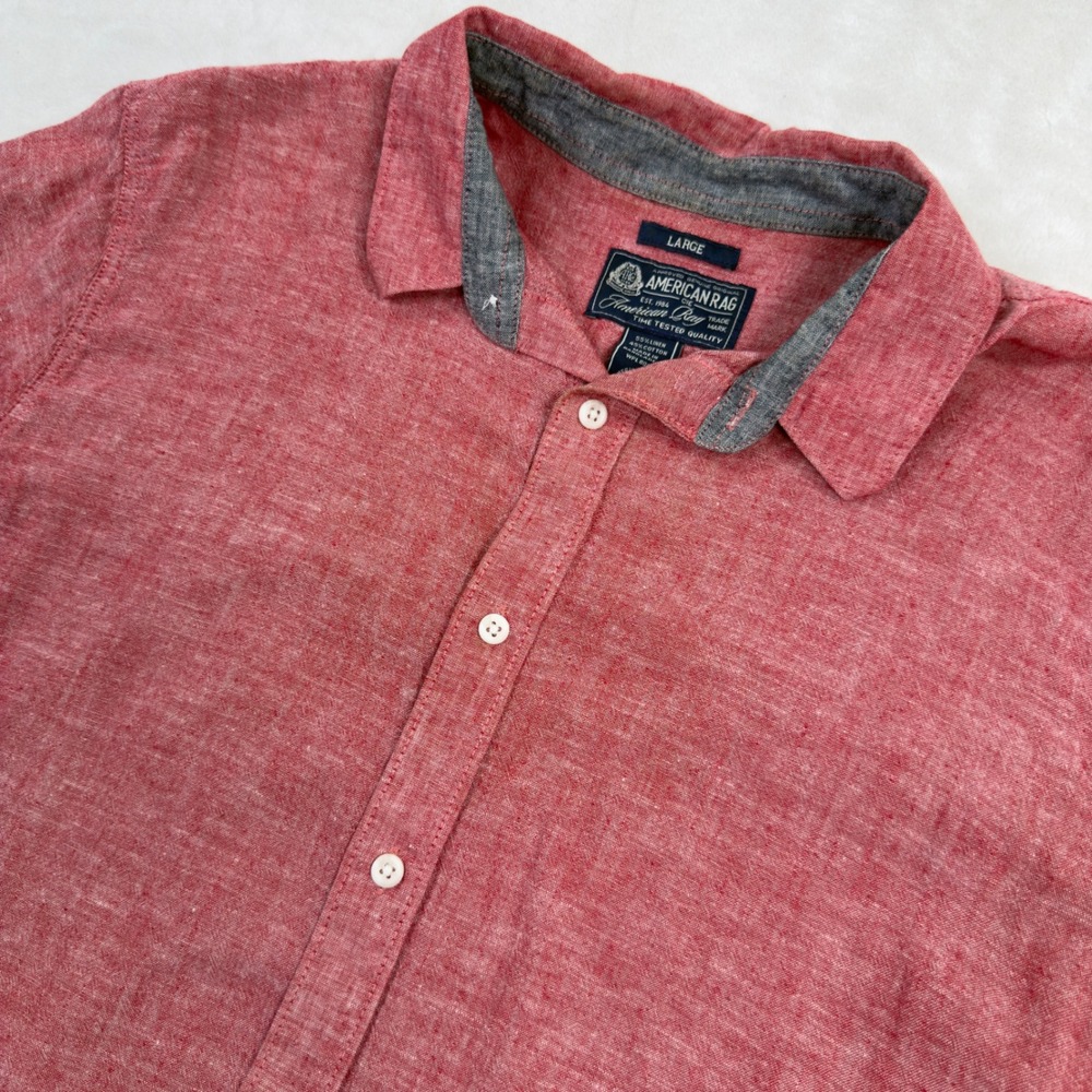American Rag Mensβ Large Red Linen Cotton Short Sleeve Button Up Shirt WPL 8046